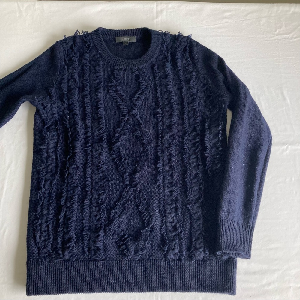 J CREW Merino Wool Cable knit Fringe Sweater Navy Size M